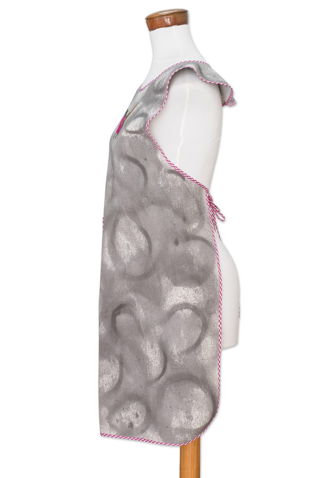 Handcrafted Grey Cotton Apron with Embroidered Hummingbird - Festive Hummingbird