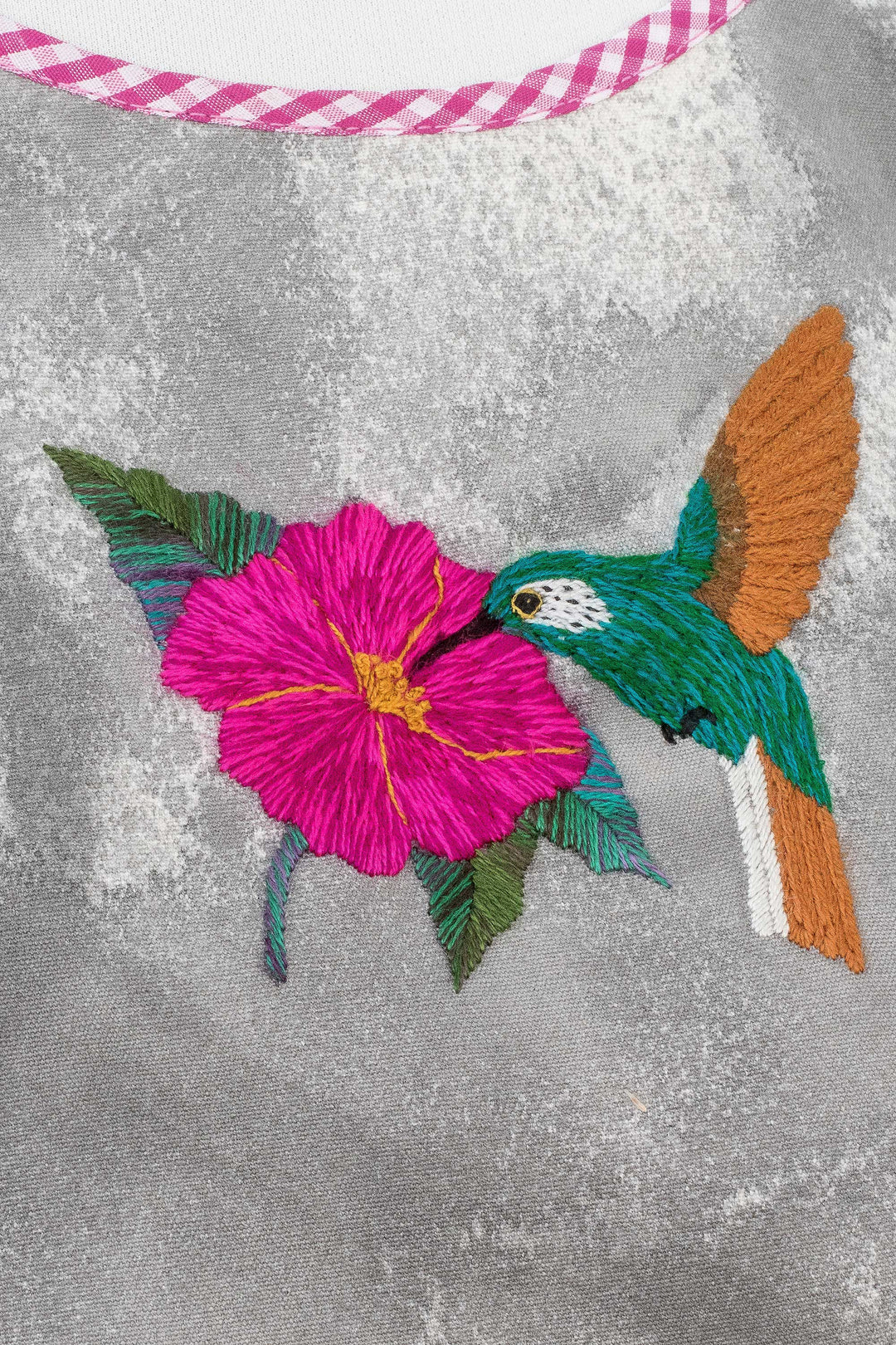 Handcrafted Grey Cotton Apron with Embroidered Hummingbird - Festive Hummingbird