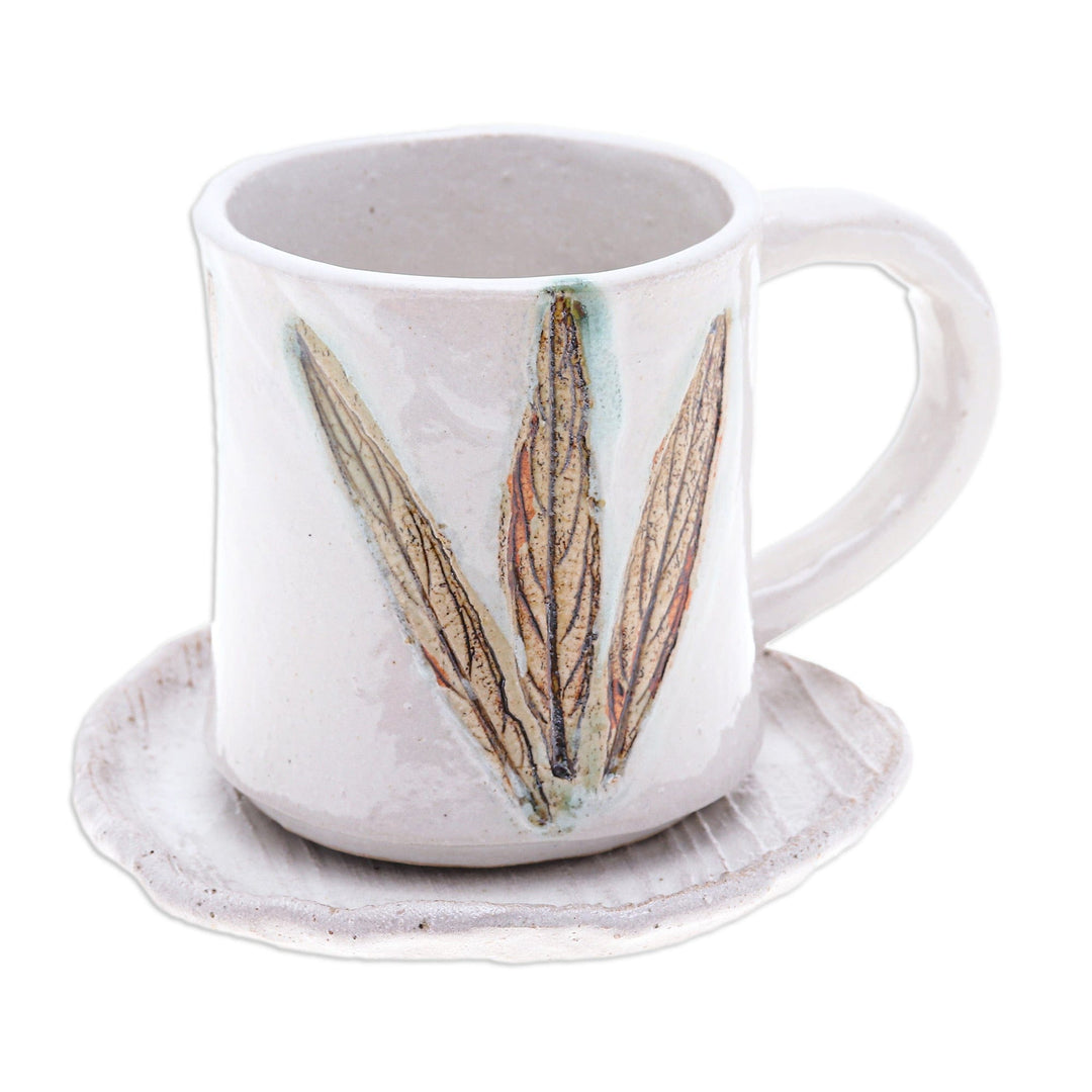 Handcrafted Leaf-Themed Ceramic Mug and Saucer Set - Lovely Leaves
