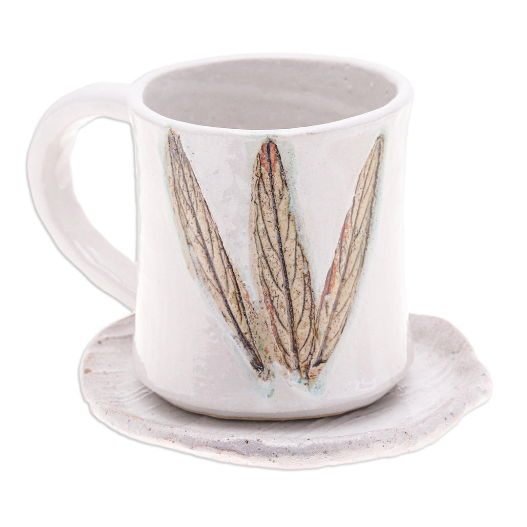 Handcrafted Leaf-Themed Ceramic Mug and Saucer Set - Lovely Leaves