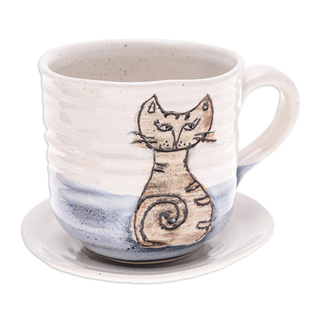 Handcrafted Ceramic Cup and Saucer Set with Cat Motif - Whimsical Cat