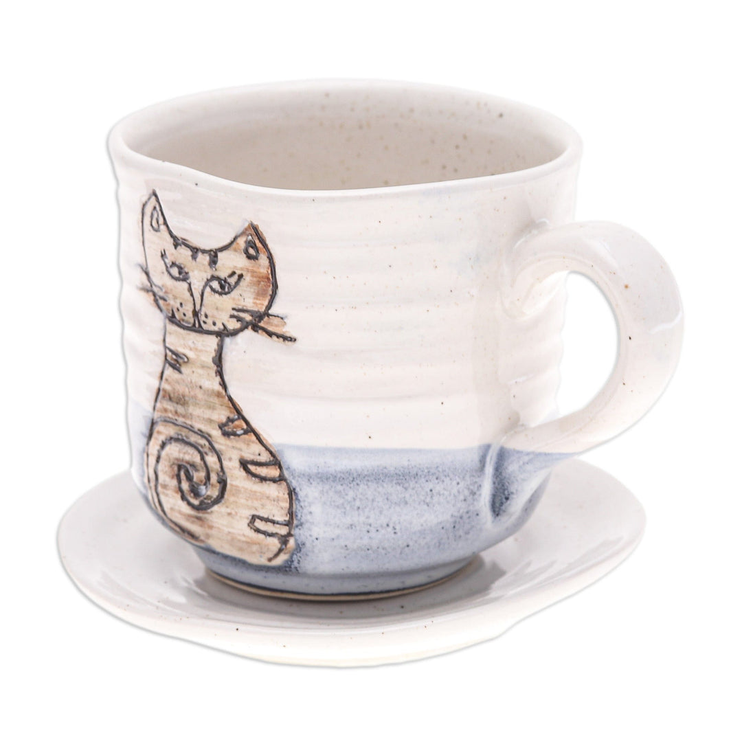 Handcrafted Ceramic Cup and Saucer Set with Cat Motif - Whimsical Cat