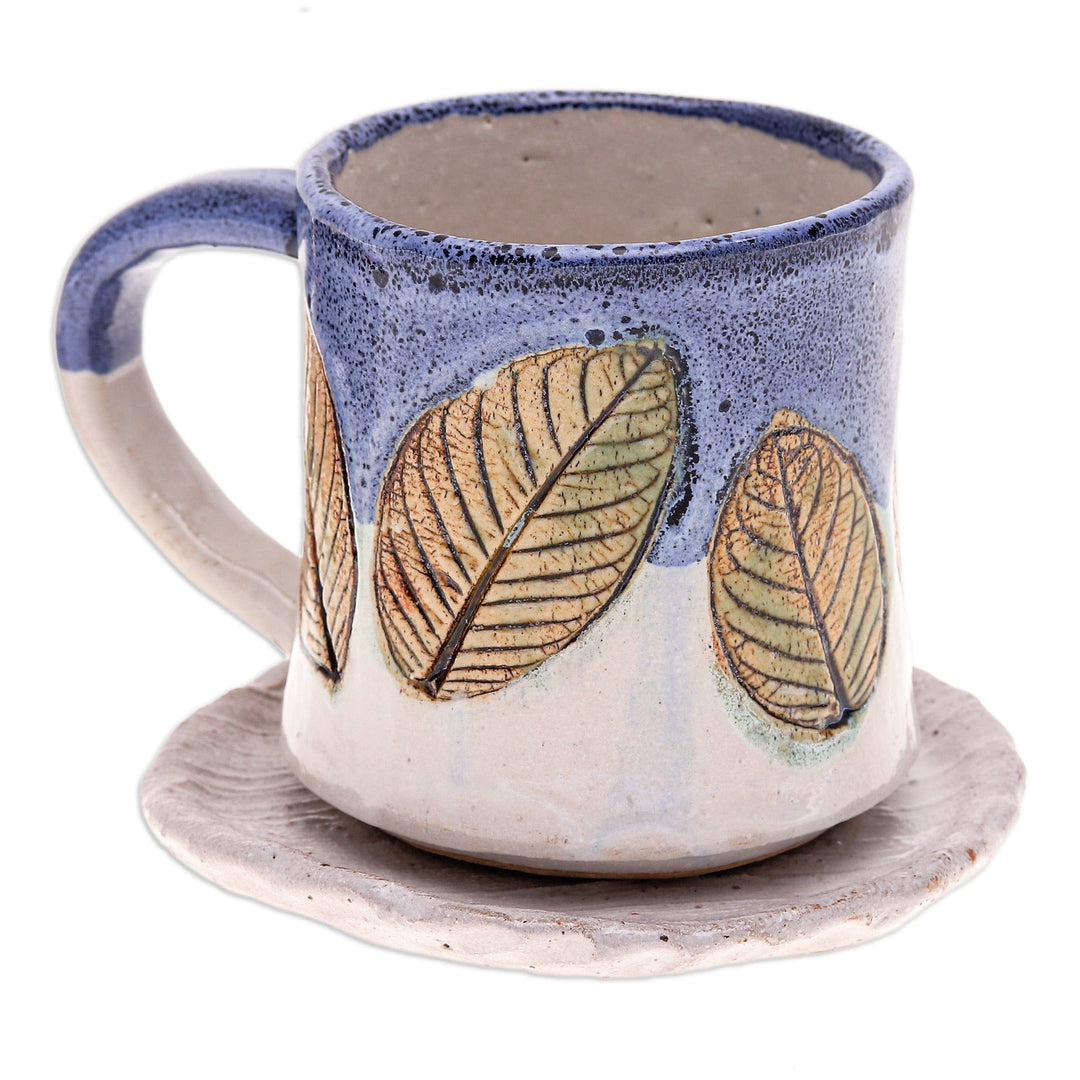 Handcrafted Ceramic Mug and Saucer Set with Leaf Motif - Charming Leaves