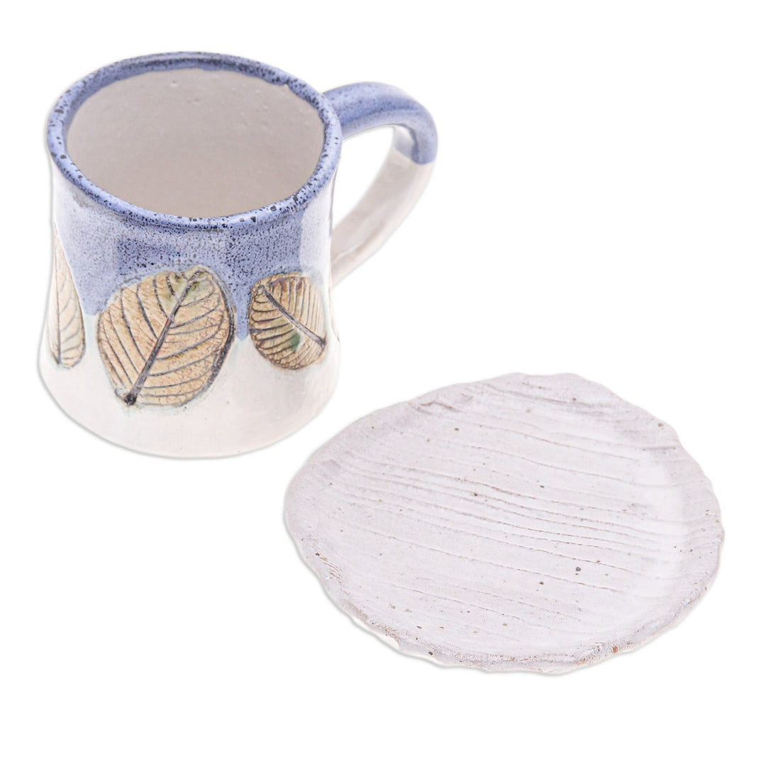 Handcrafted Ceramic Mug and Saucer Set with Leaf Motif - Charming Leaves