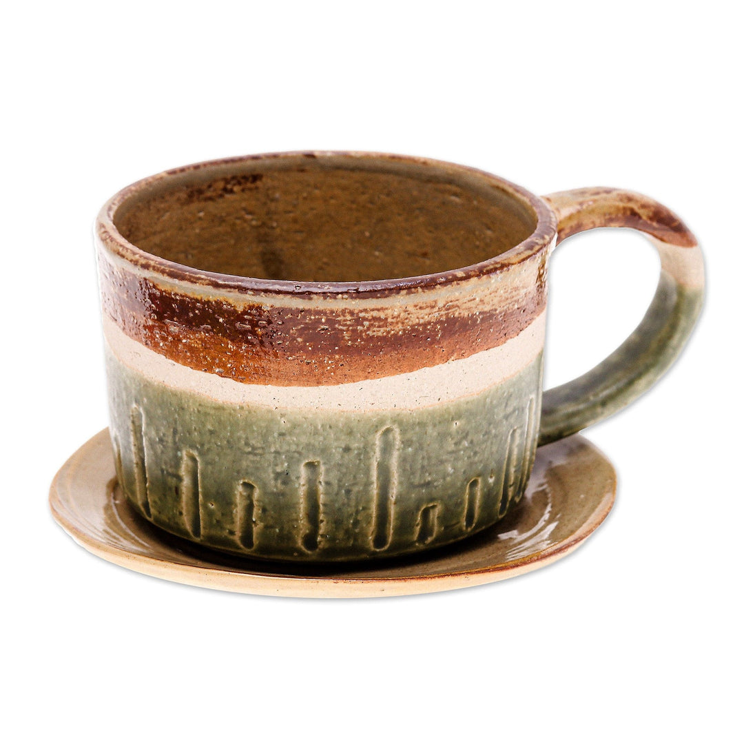 Brown and Green Ceramic Cup and Saucer Set from Thailand - Natural Sensations