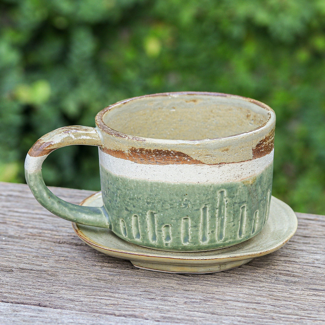 Brown and Green Ceramic Cup and Saucer Set from Thailand - Natural Sensations
