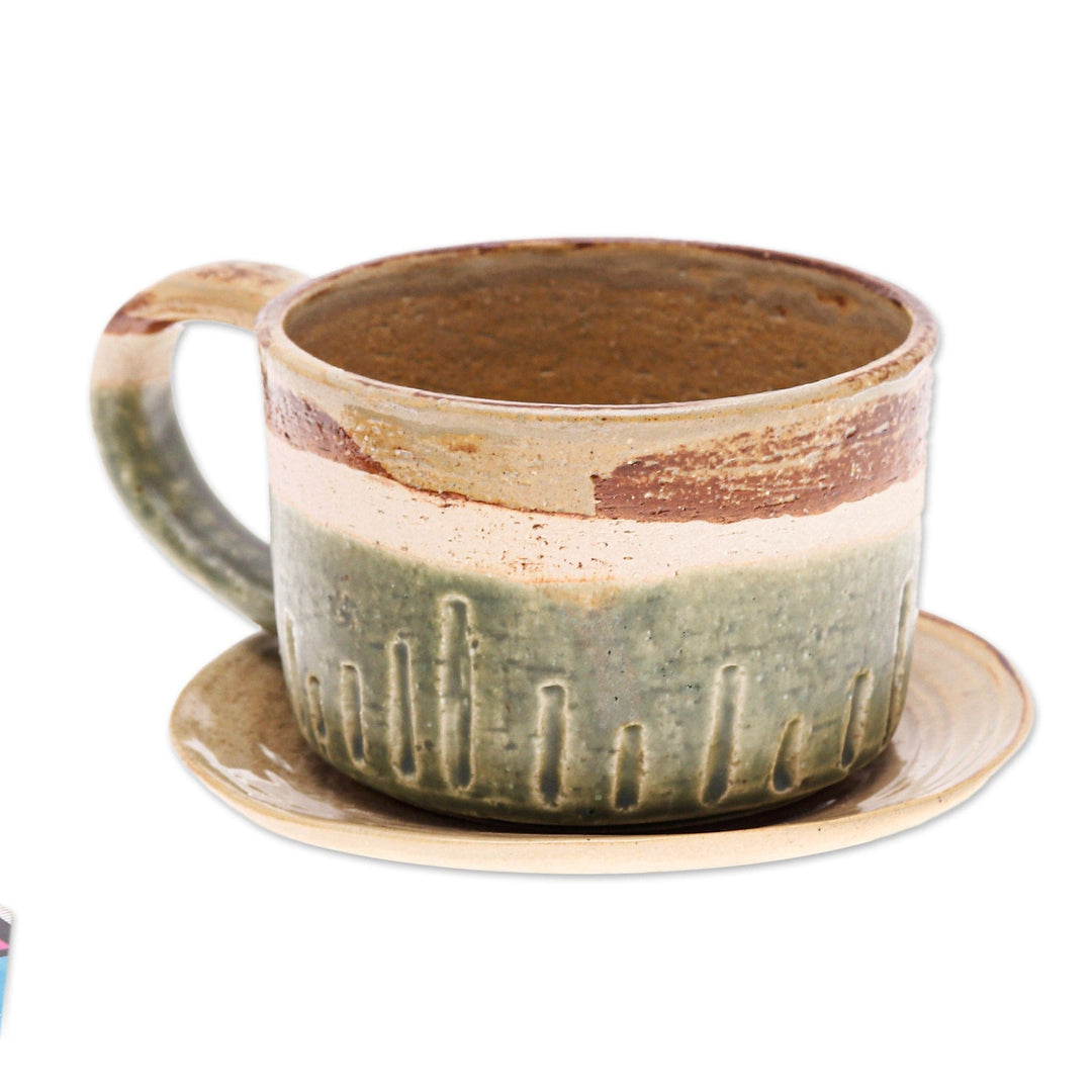 Brown and Green Ceramic Cup and Saucer Set from Thailand - Natural Sensations