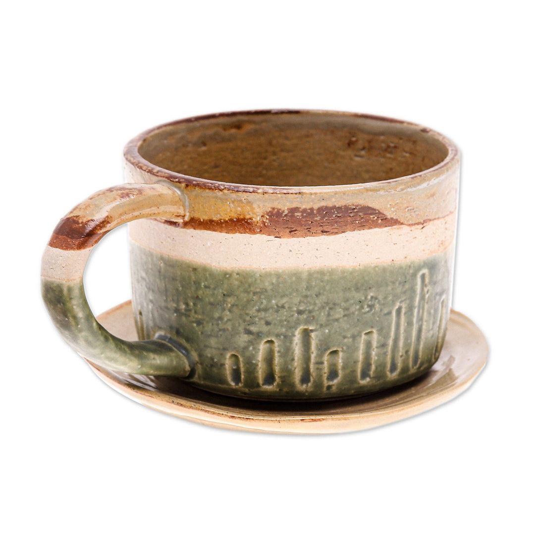 Brown and Green Ceramic Cup and Saucer Set from Thailand - Natural Sensations
