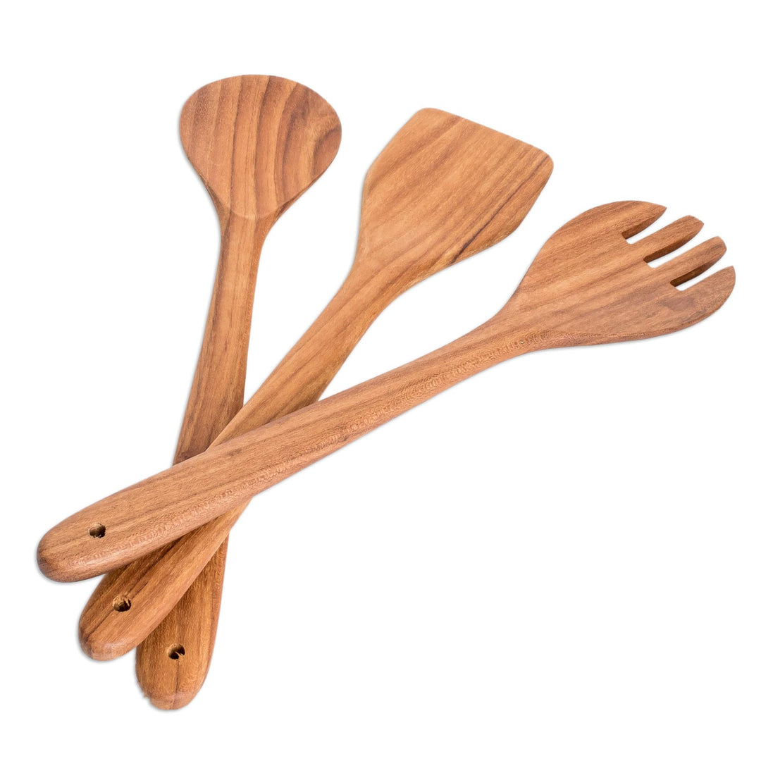 Handmade Teakwood 3-Piece Utensil Set for Serving & Cooking - Mom's Cooking