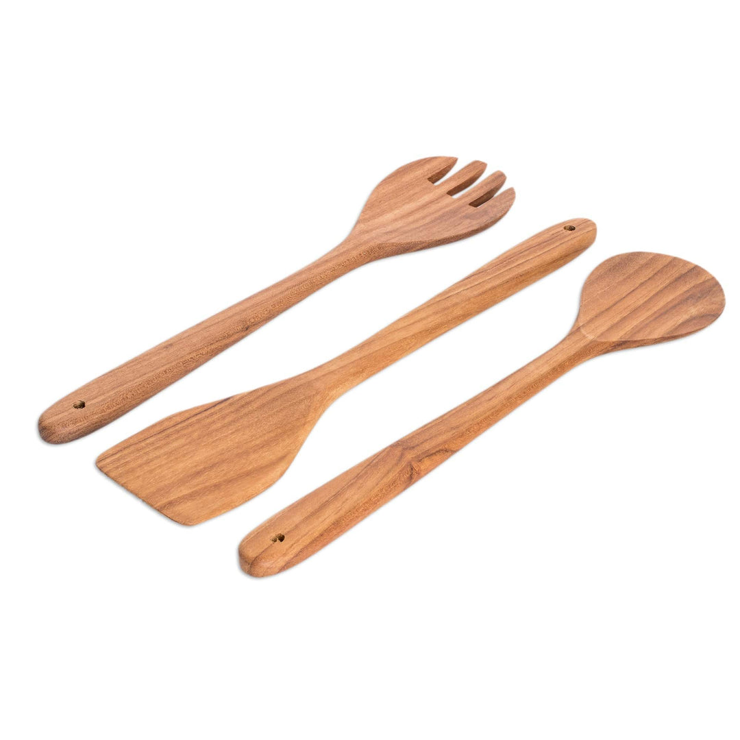 Handmade Teakwood 3-Piece Utensil Set for Serving & Cooking - Mom's Cooking