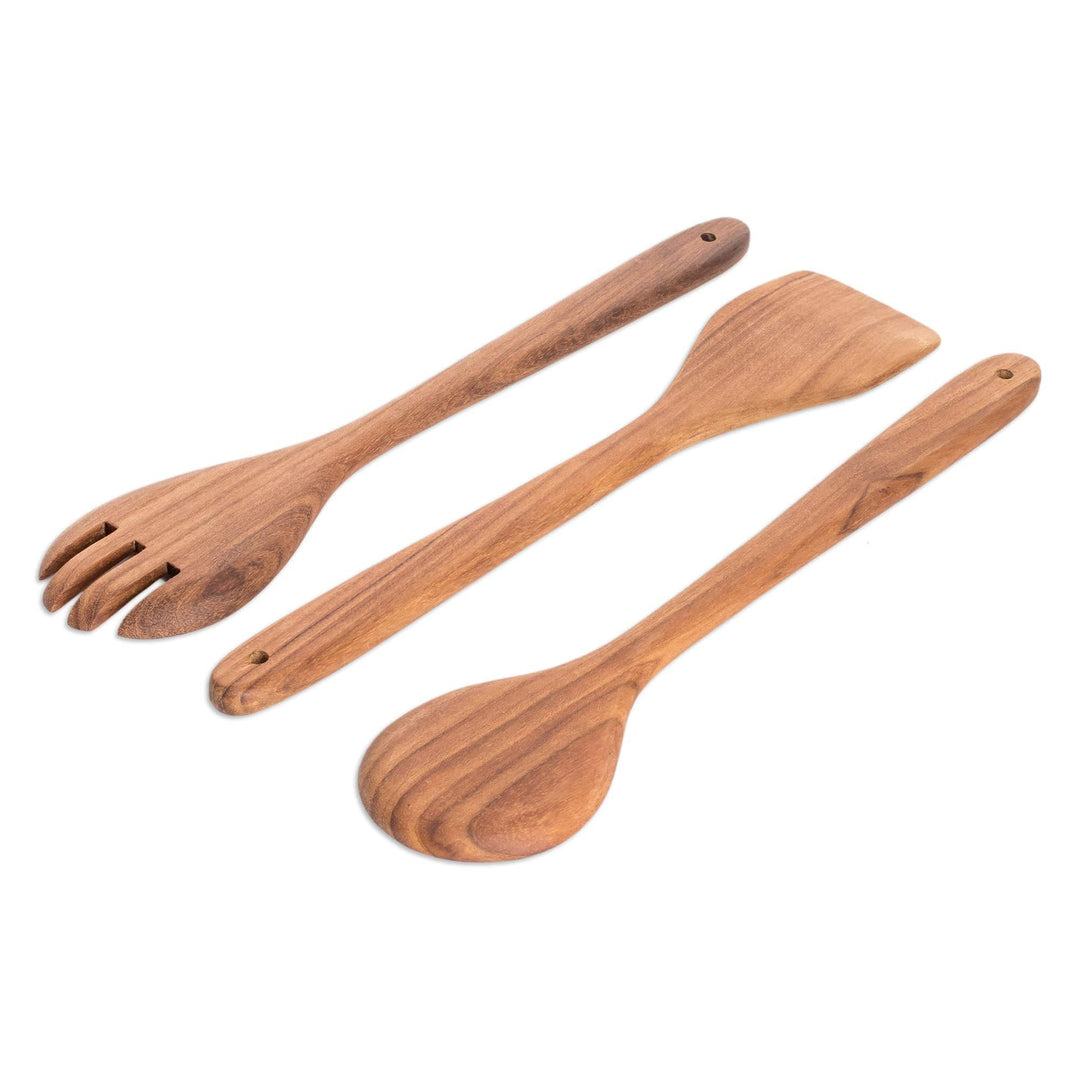 Handmade Teakwood 3-Piece Utensil Set for Serving & Cooking - Mom's Cooking