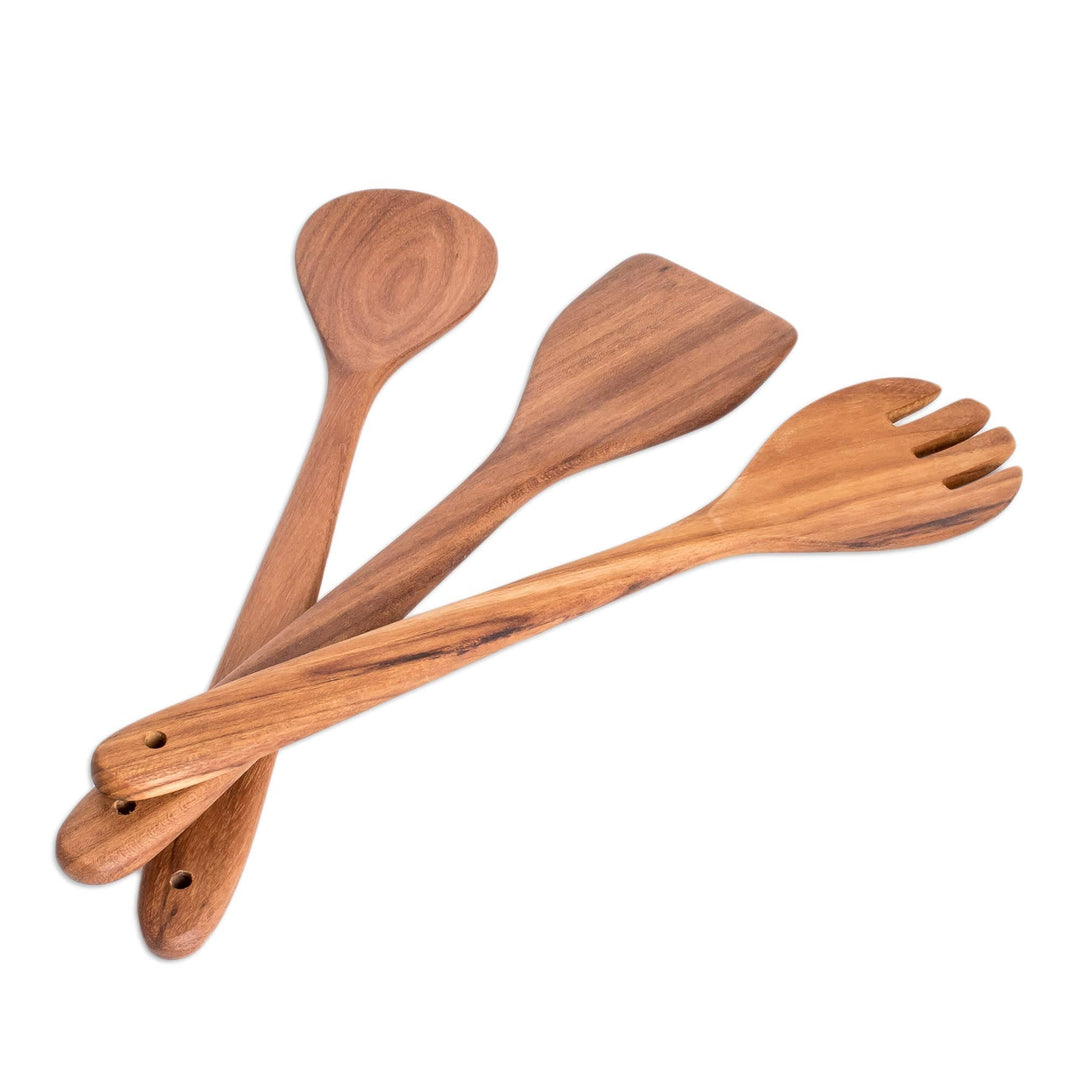 Handmade Wooden 3-Piece Utensil Set for Serving and Cooking - Mom's Delicious Cooking