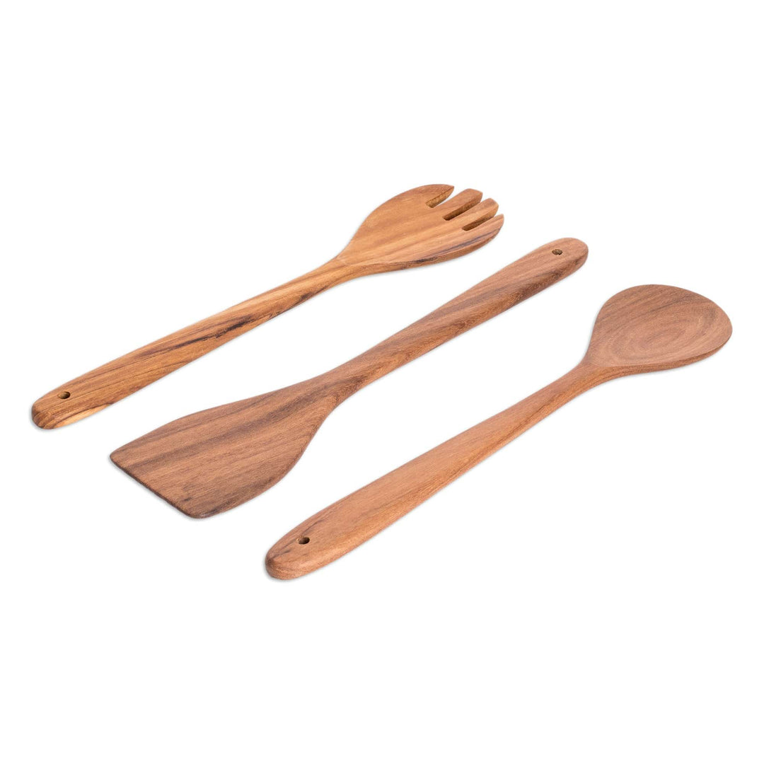 Handmade Wooden 3-Piece Utensil Set for Serving and Cooking - Mom's Delicious Cooking