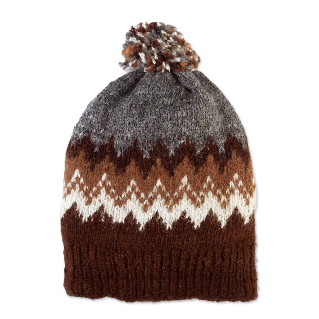 100% Alpaca Unisex in Brown Hat Hand-Knitted in Peru - Mighty Mountains