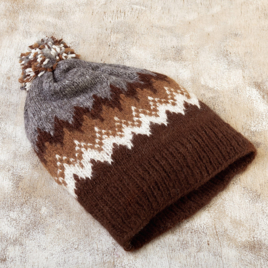 100% Alpaca Unisex in Brown Hat Hand-Knitted in Peru - Mighty Mountains