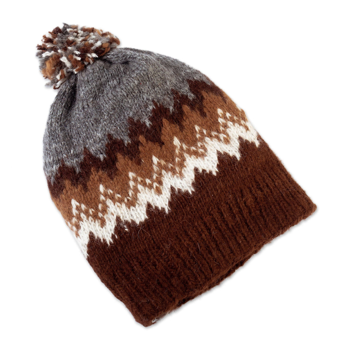 100% Alpaca Unisex in Brown Hat Hand-Knitted in Peru - Mighty Mountains
