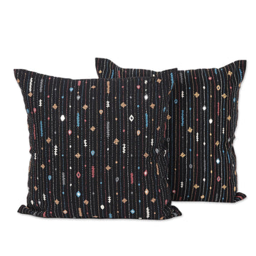 Pair of Handcrafted Black Embroidered Cotton Cushion Covers - Little Universes