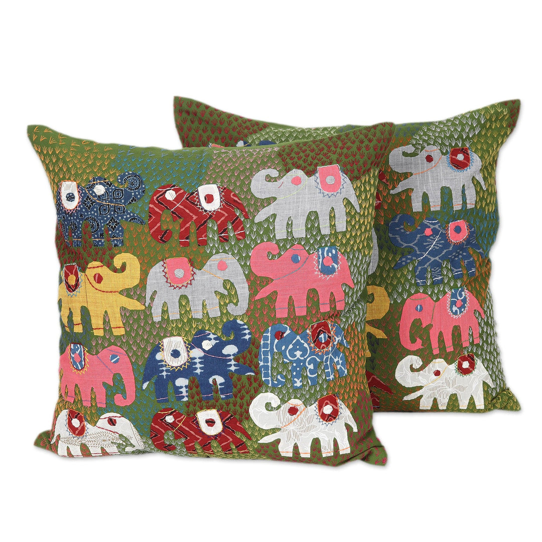 Pair of Elephant-Themed Embroidered Cotton Cushion Covers - Multicolor Trunks