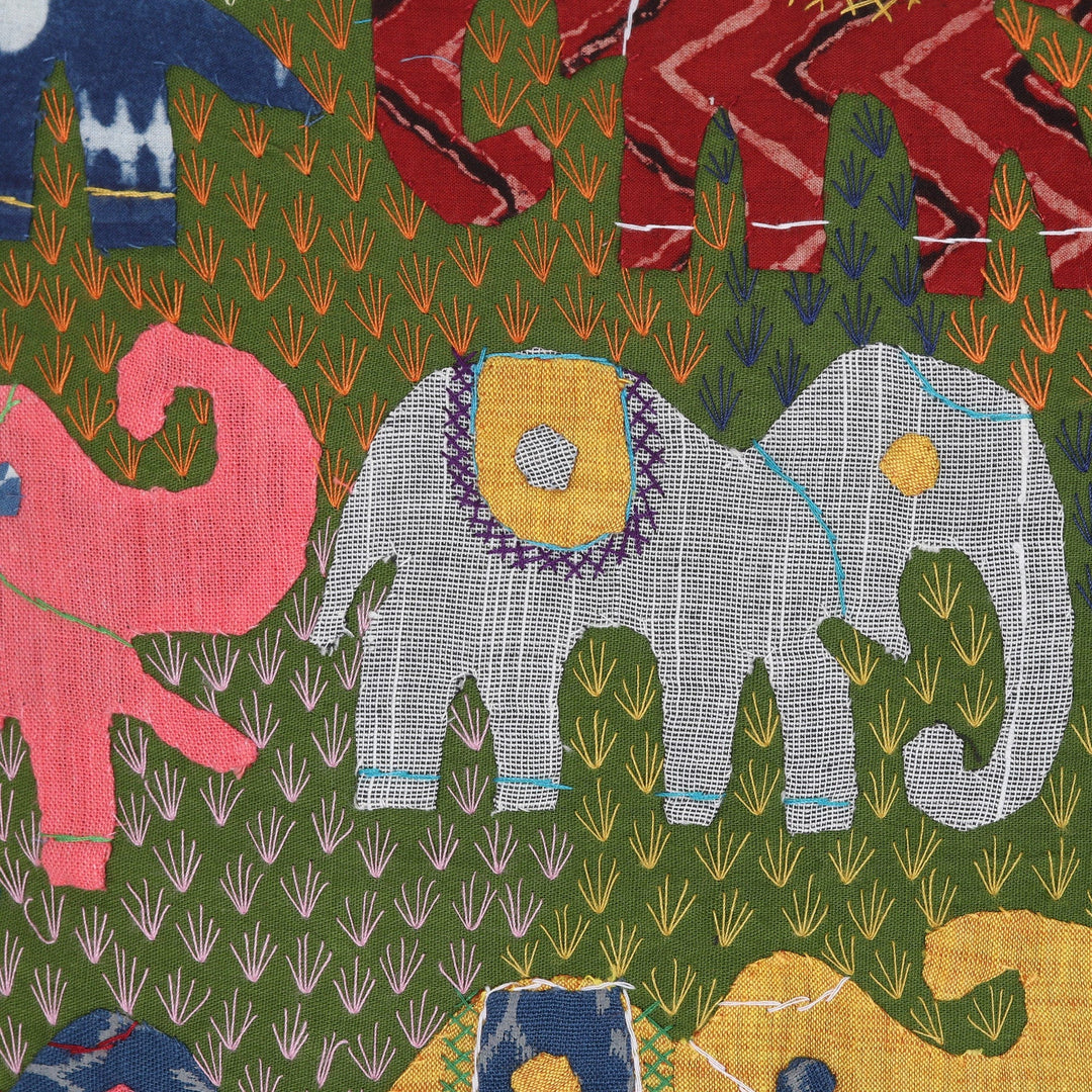 Pair of Elephant-Themed Embroidered Cotton Cushion Covers - Multicolor Trunks