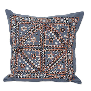 Embroidered Geometric Blue Cotton Cushion Cover - Azure Constellation