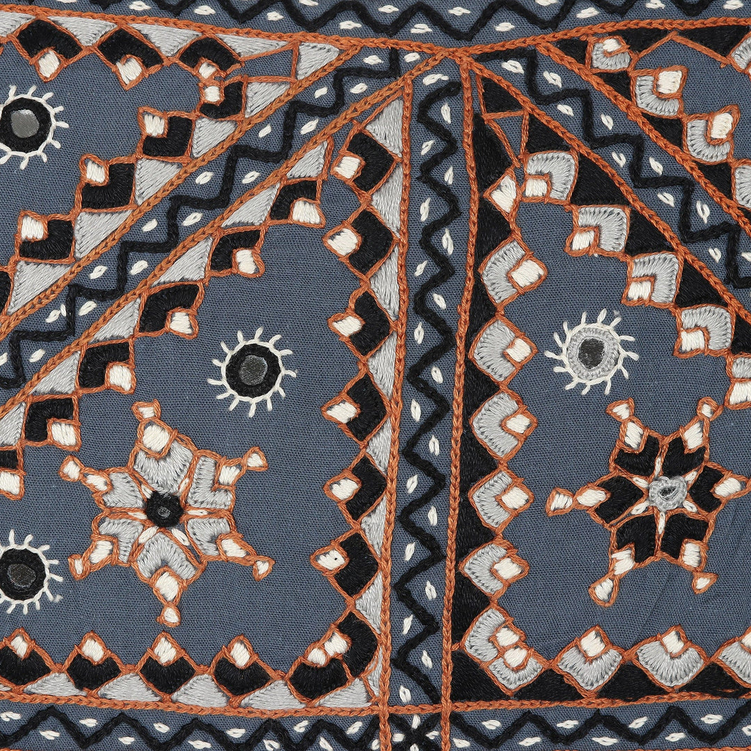 Embroidered Geometric Blue Cotton Cushion Cover - Azure Constellation