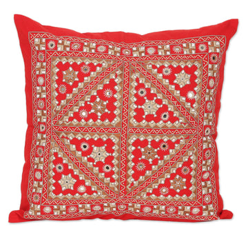 Embroidered Geometric Red Cotton Cushion Cover - Cardinal Constellation