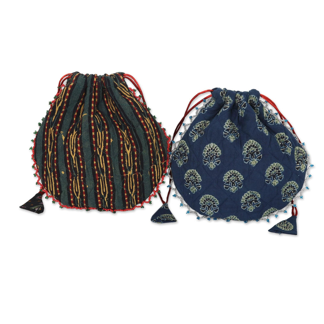 2 Drawstring Pouches Made From Hand Block Printed Cotton - Fantasy