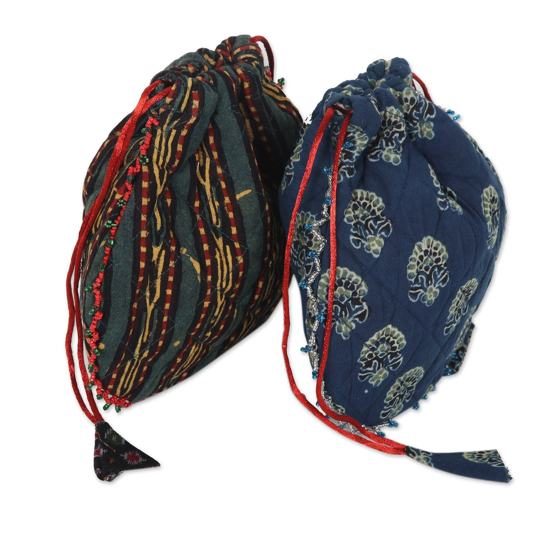 2 Drawstring Pouches Made From Hand Block Printed Cotton - Fantasy