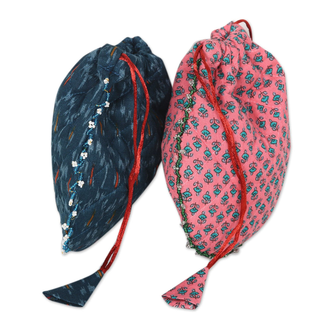 2 Hand Block Printed Cotton Drawstring Pouches - Magic