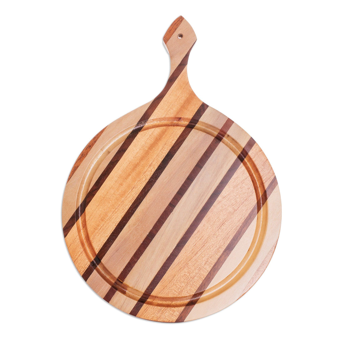 Handcrafted Striped Round Wood Cheese Board with Handle - Warm Flavors