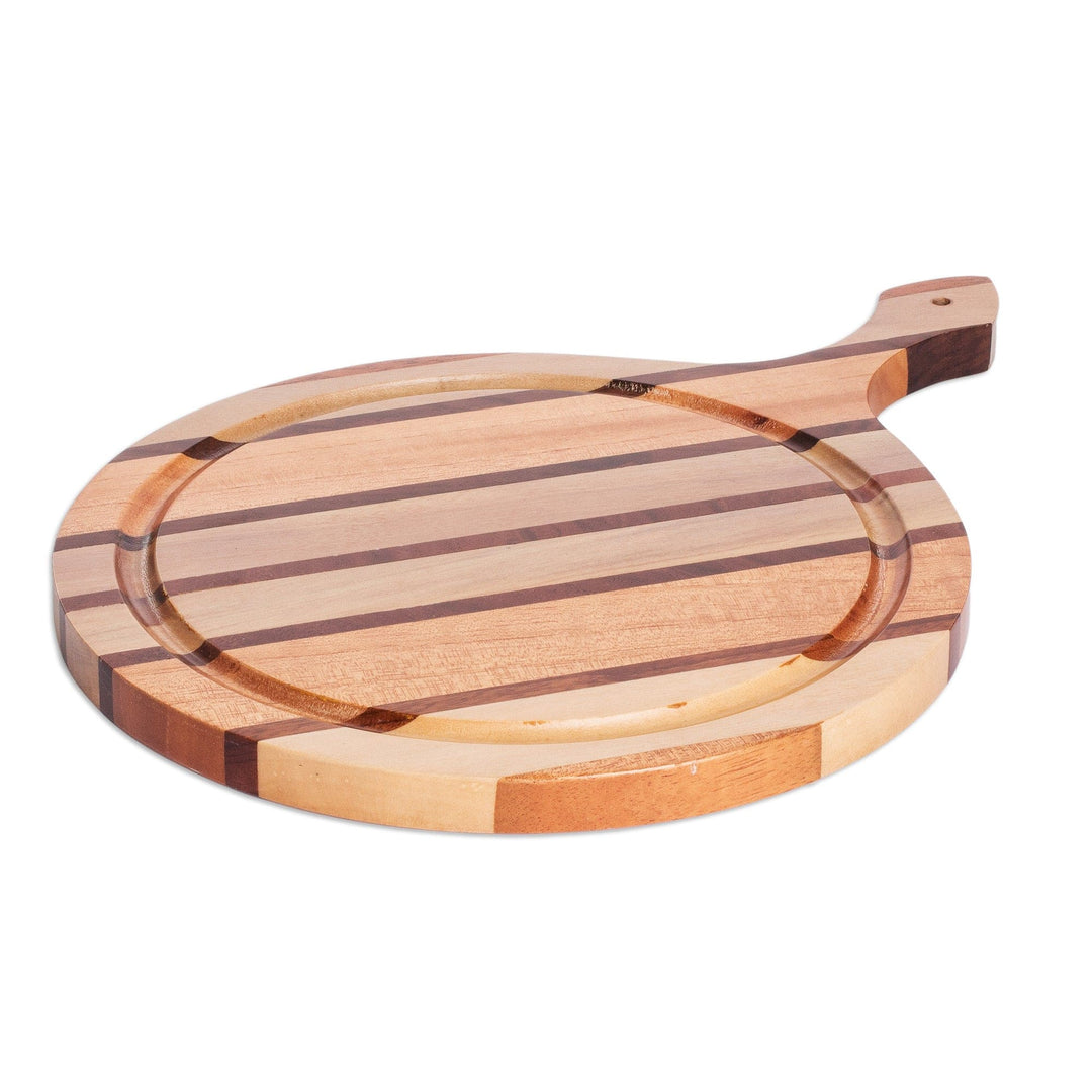 Handcrafted Striped Round Wood Cheese Board with Handle - Warm Flavors