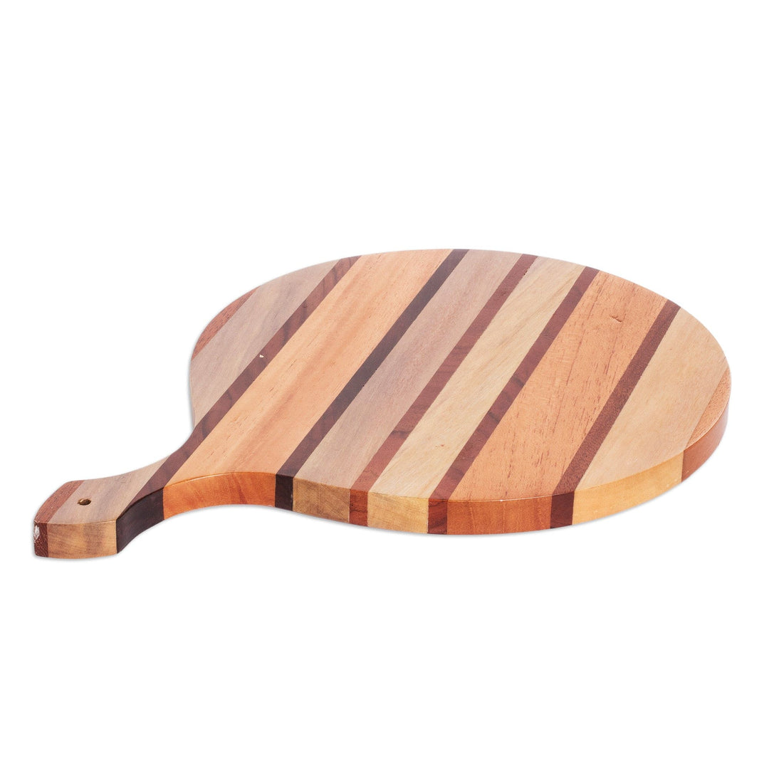 Handcrafted Striped Round Wood Cheese Board with Handle - Warm Flavors