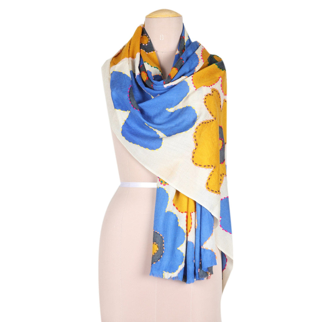 Stitch-Accent Wool Shawl with Screen-Printed Floral Motifs - Cheerful Blossoms