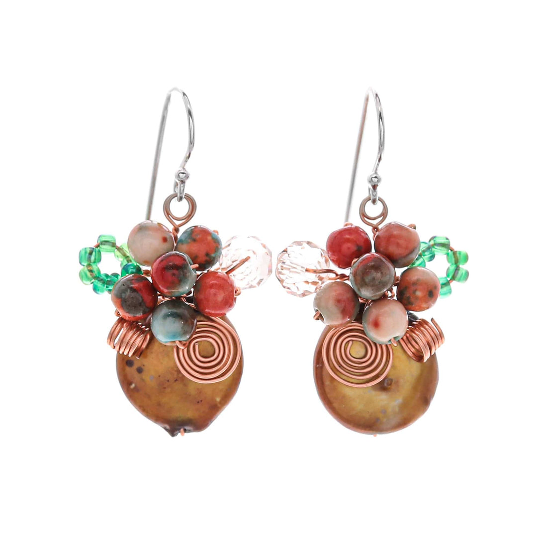Glass Beaded Cluster Earrings with Quartz and Brown Pearls - Warm Bliss