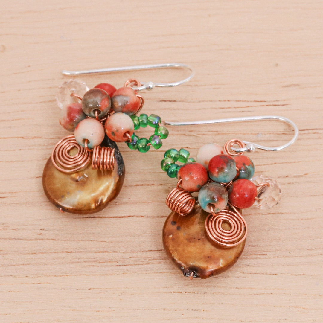 Glass Beaded Cluster Earrings with Quartz and Brown Pearls - Warm Bliss