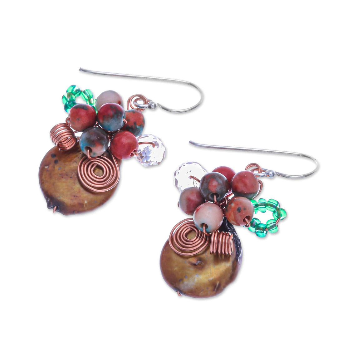Glass Beaded Cluster Earrings with Quartz and Brown Pearls - Warm Bliss