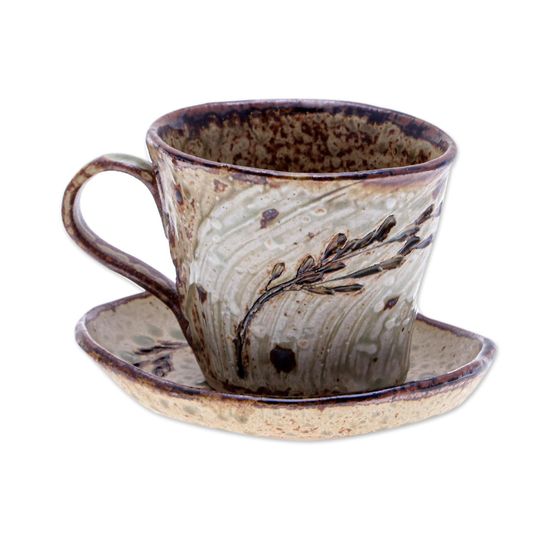 Handcrafted Leafy Brown Ceramic Cup and Saucer from Thailand - Leafy Warmth