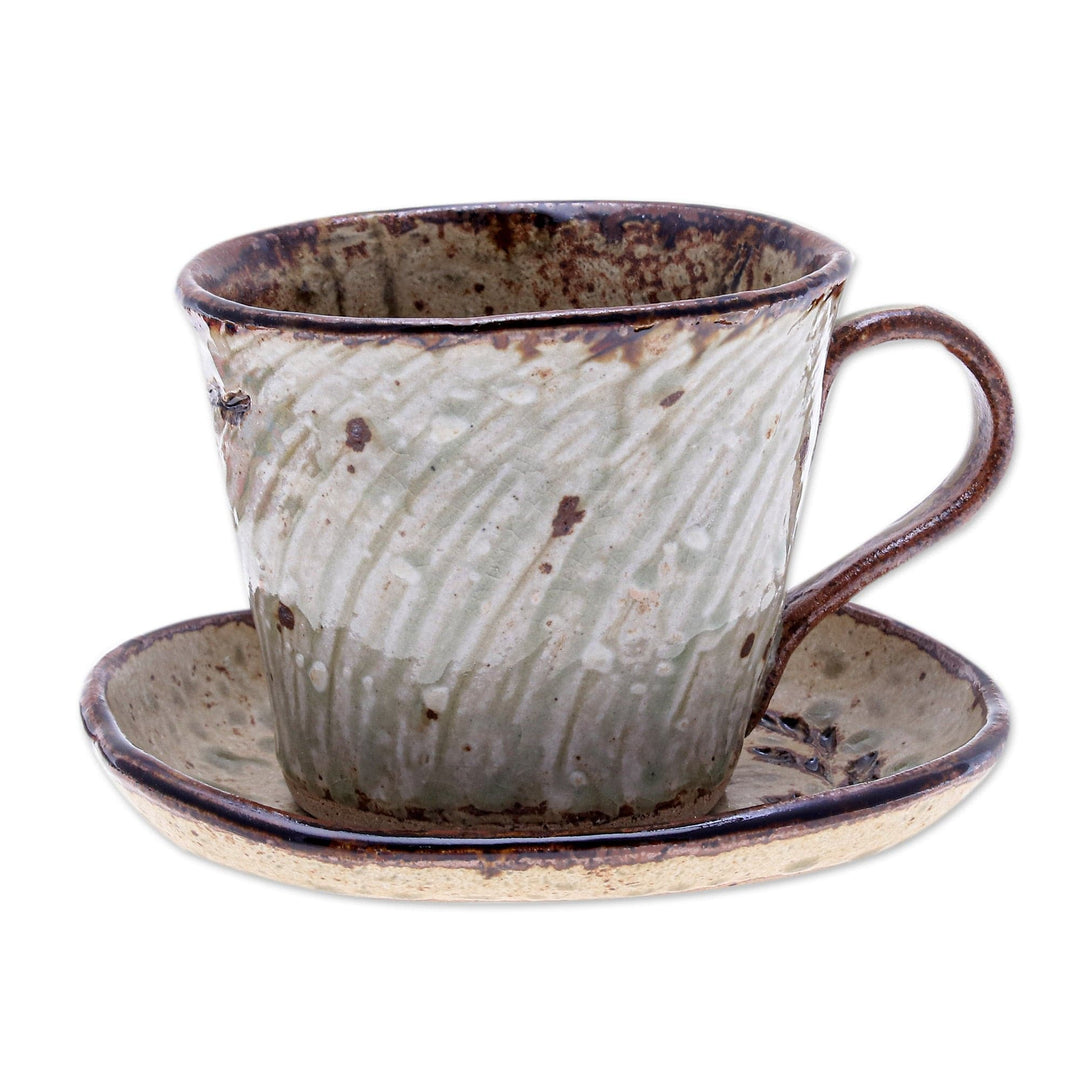 Handcrafted Leafy Brown Ceramic Cup and Saucer from Thailand - Leafy Warmth
