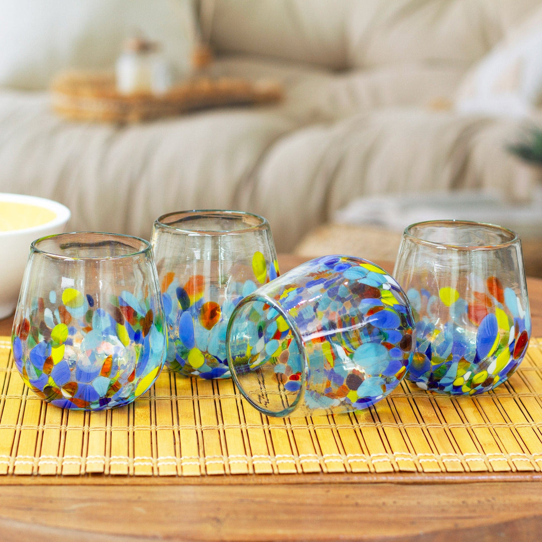 Stemless Handblown Wine Glasses - Colorful Dot - Set of 4