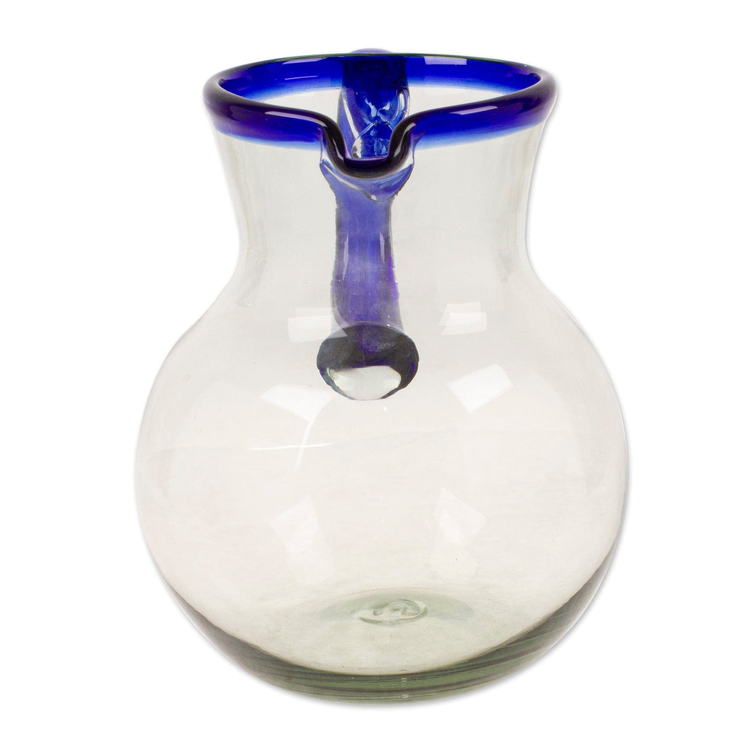 Handblown Recycled Glass Pitcher with Blue Rim and Handle - Cobalt