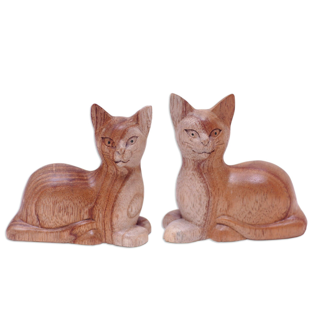 Set of 2 Cat-Themed Hand-Carved Jempinis Wood Sculptures - Feline Reflection
