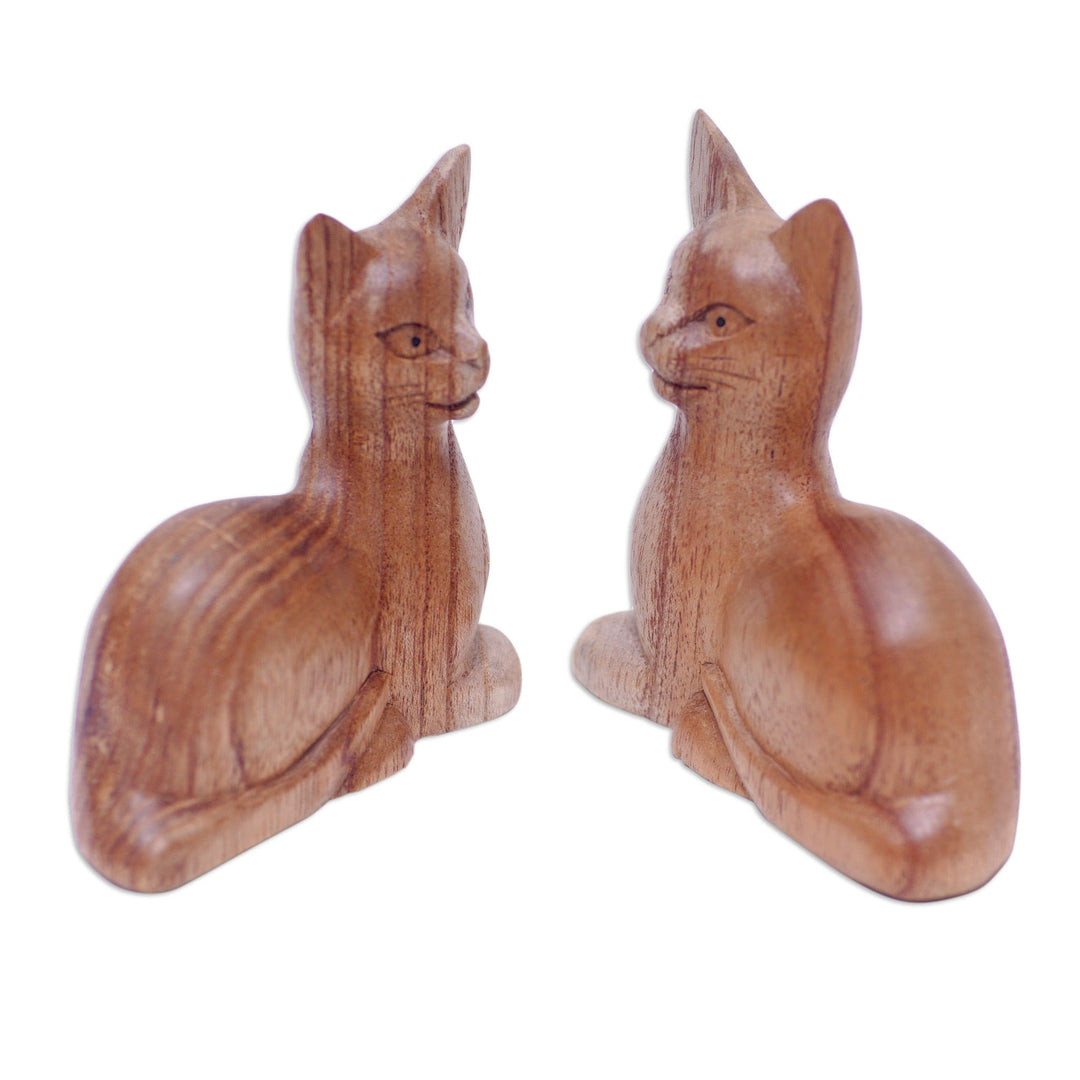 Set of 2 Cat-Themed Hand-Carved Jempinis Wood Sculptures - Feline Reflection