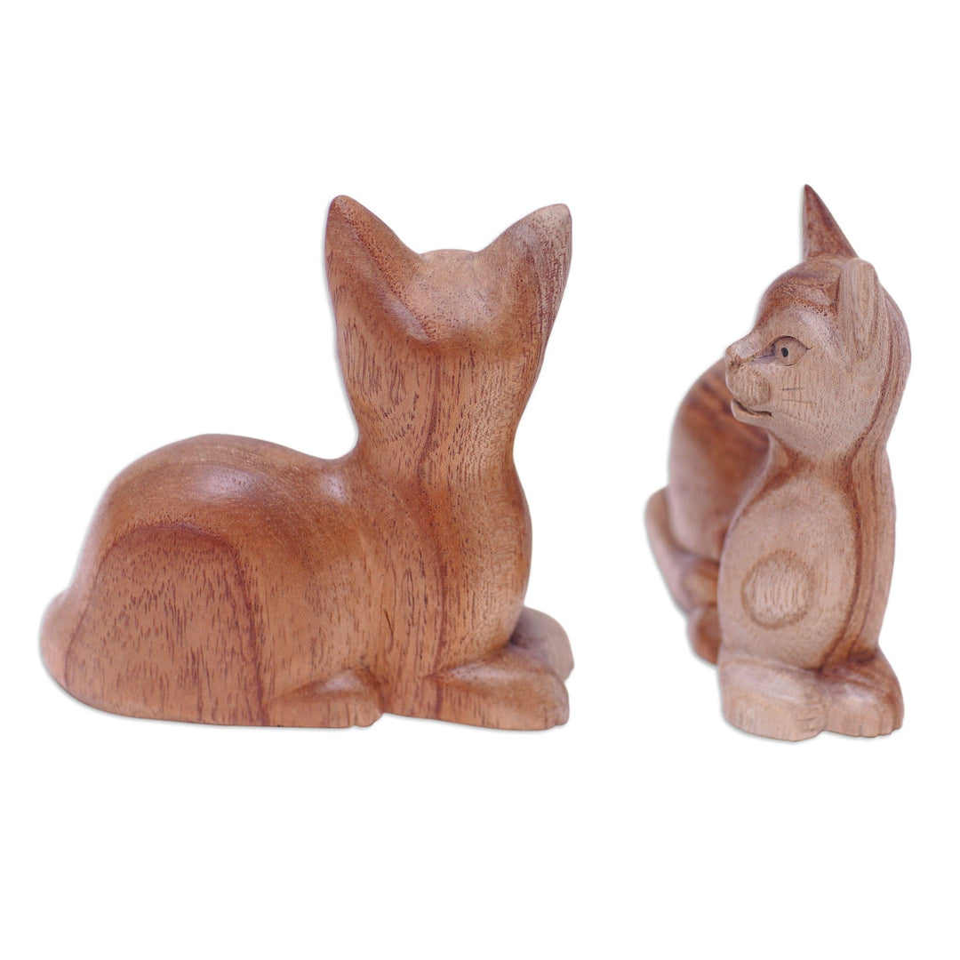 Set of 2 Cat-Themed Hand-Carved Jempinis Wood Sculptures - Feline Reflection