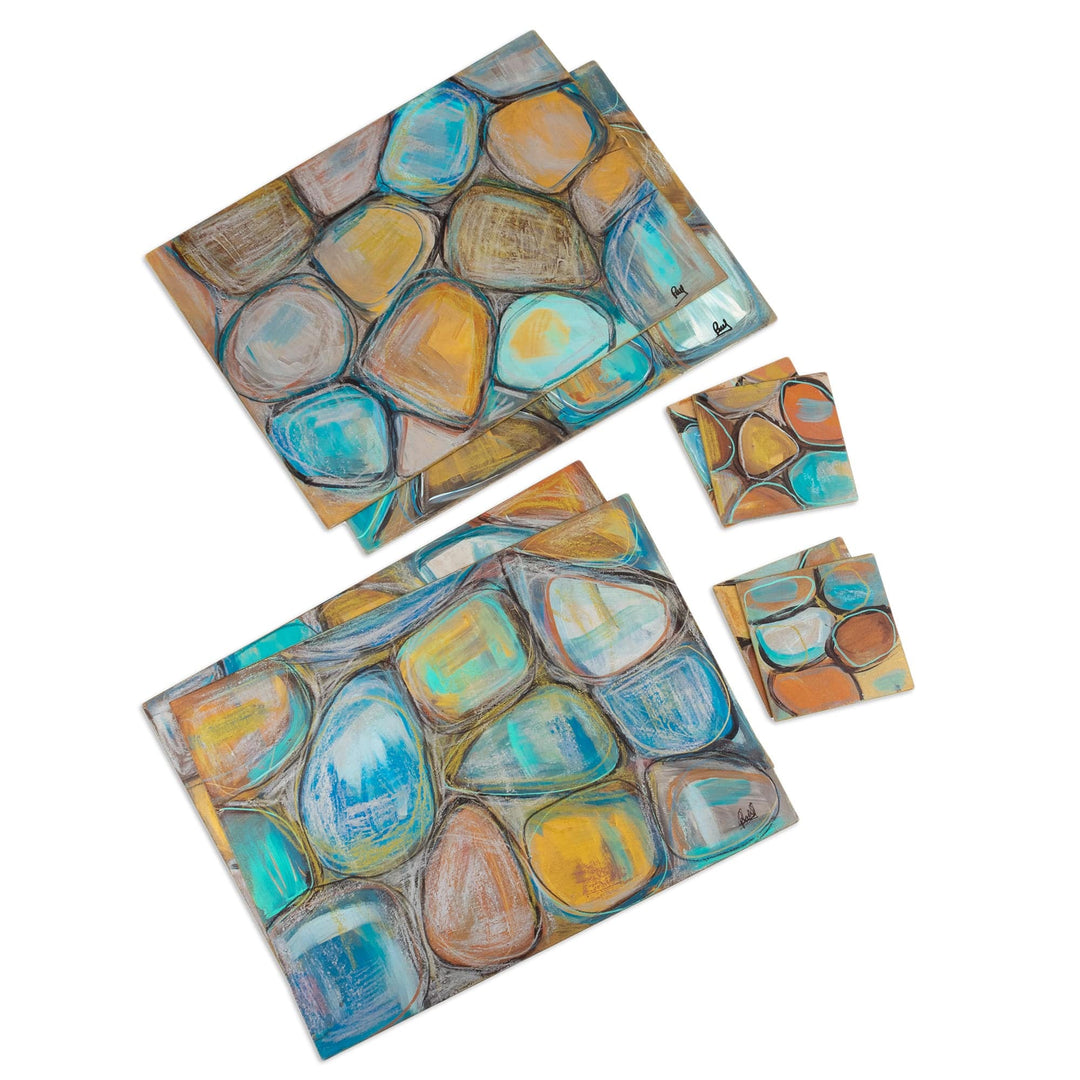 8-Piece Hand-Painted Placemat & Coaster Set - Turquoise Energy