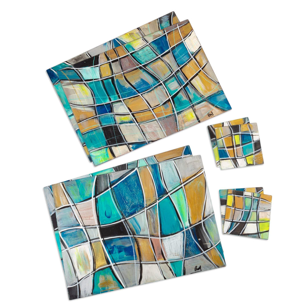 Modern 8-Piece Hand-Painted Placemat & Coaster Set - Aquamarine Art