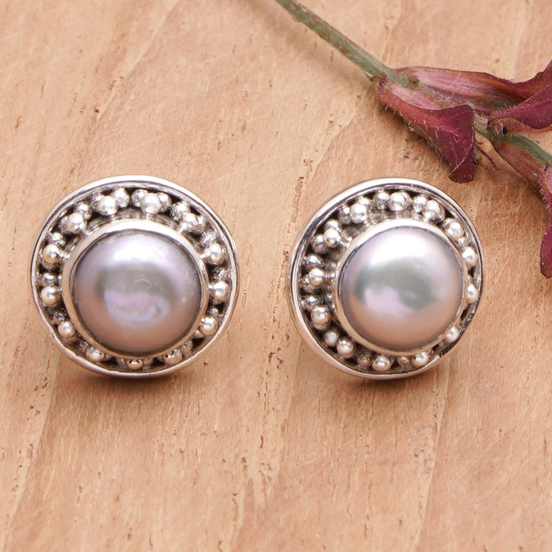 Sterling Silver Stud Earrings with Grey Cultured Pearls - Lovely Grey