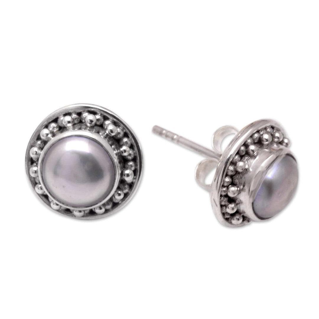 Sterling Silver Stud Earrings with Grey Cultured Pearls - Lovely Grey