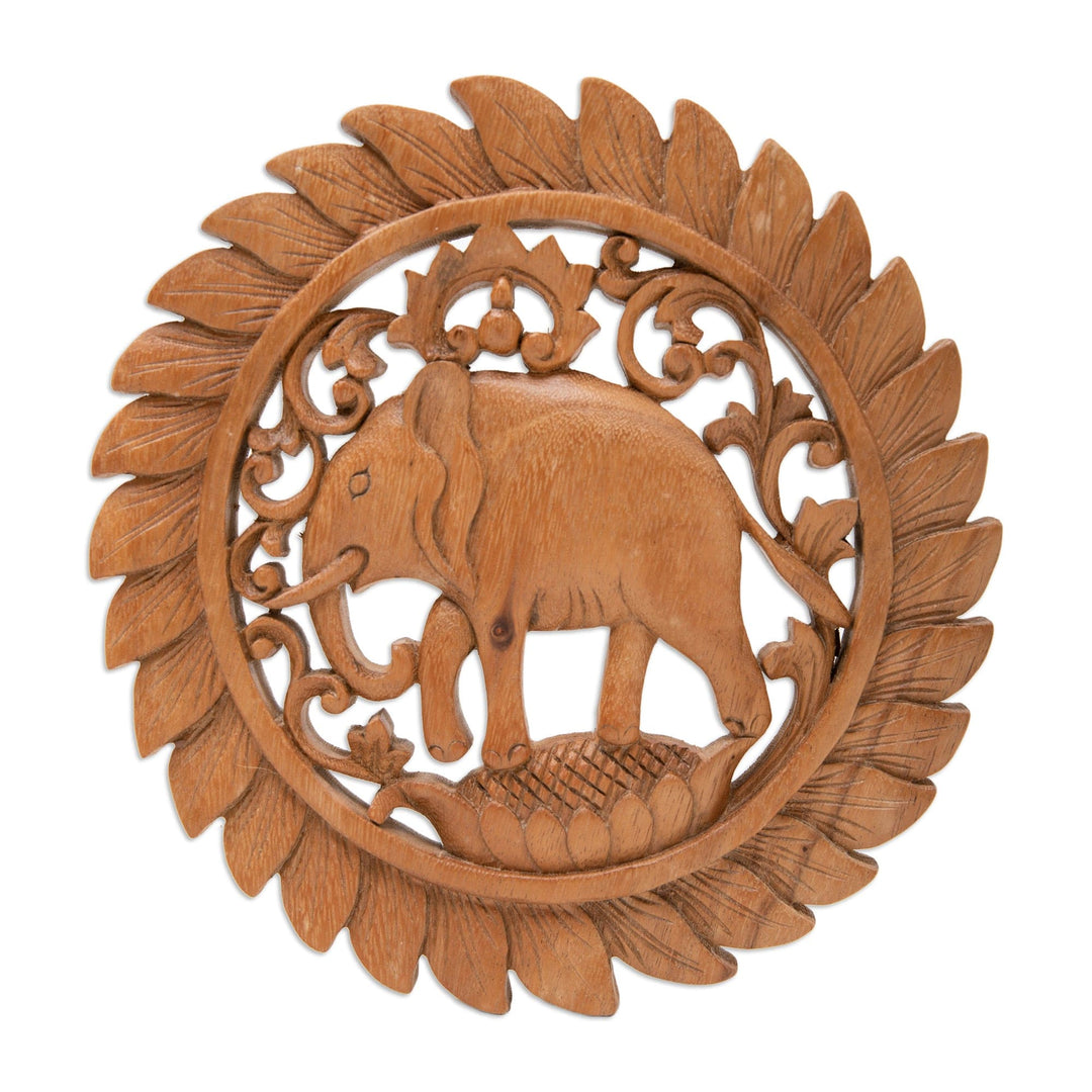 Traditional Elephant-Themed Suar Wood Relief Panel from Bali - Elephant Mirage