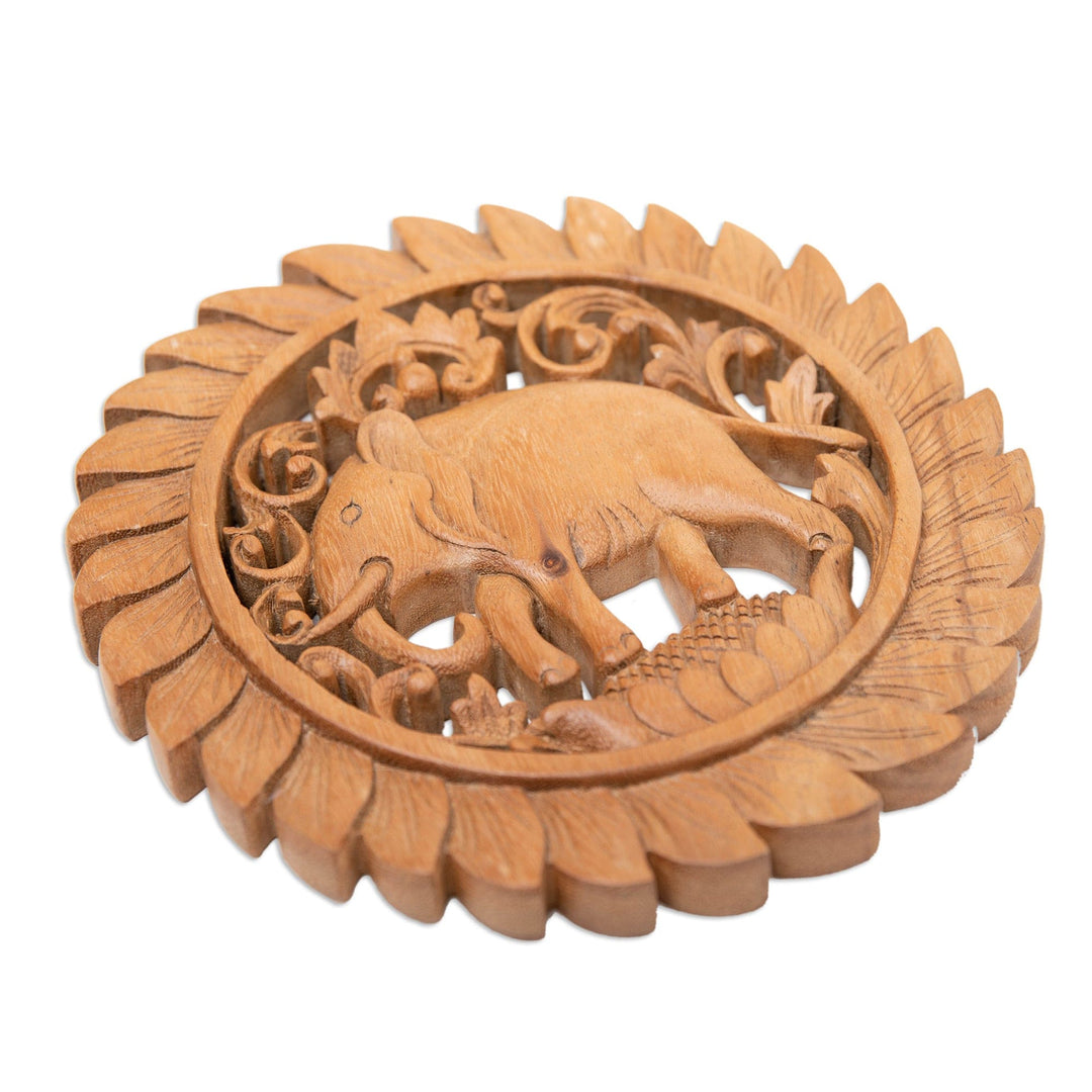 Traditional Elephant-Themed Suar Wood Relief Panel from Bali - Elephant Mirage