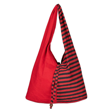 Handcrafted Red Striped Cotton Shoulder Bag from Java - Red Lurik